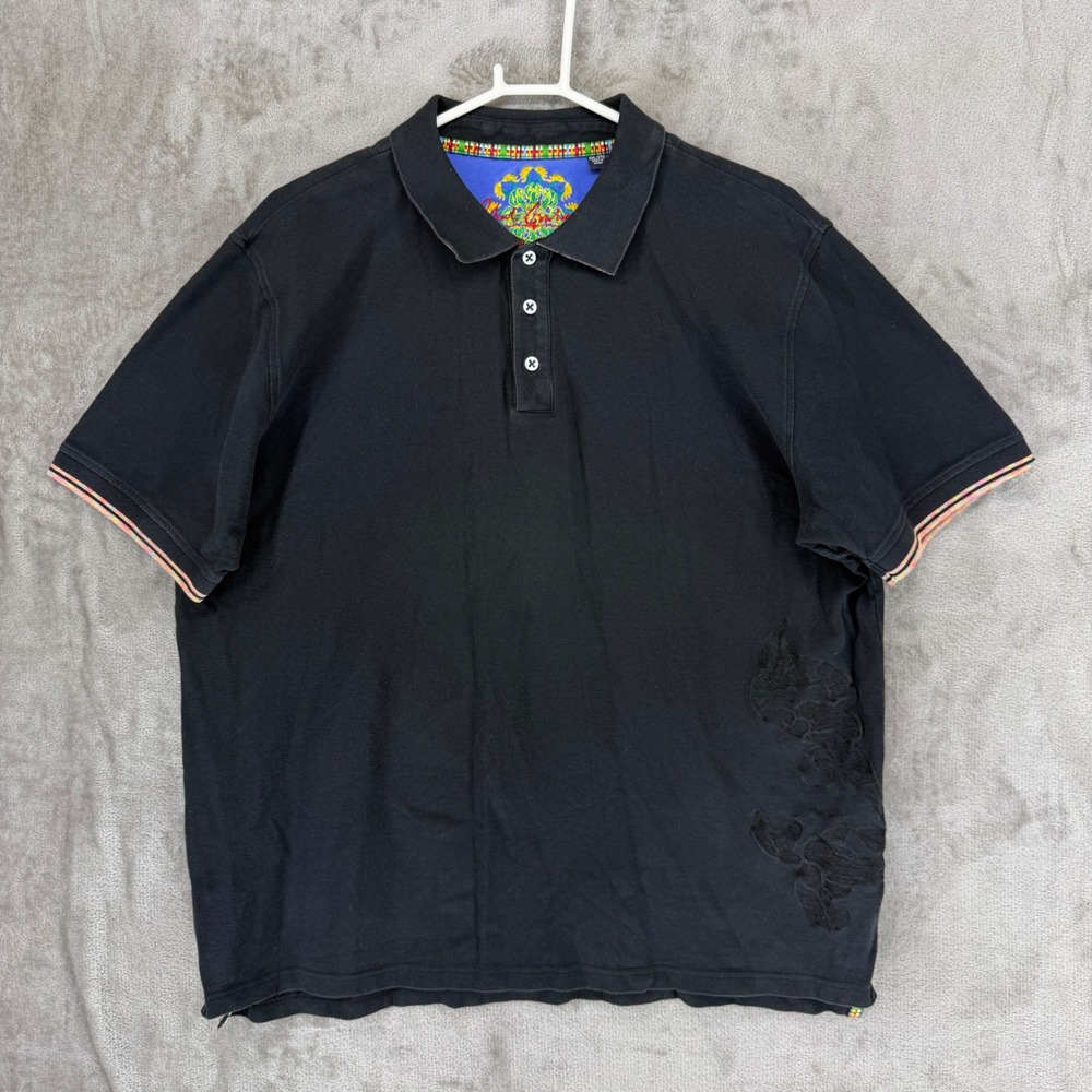 Robert Graham Mens Black Short Sleeve Polo Shirt Tonal Floral Embroidery 2XL